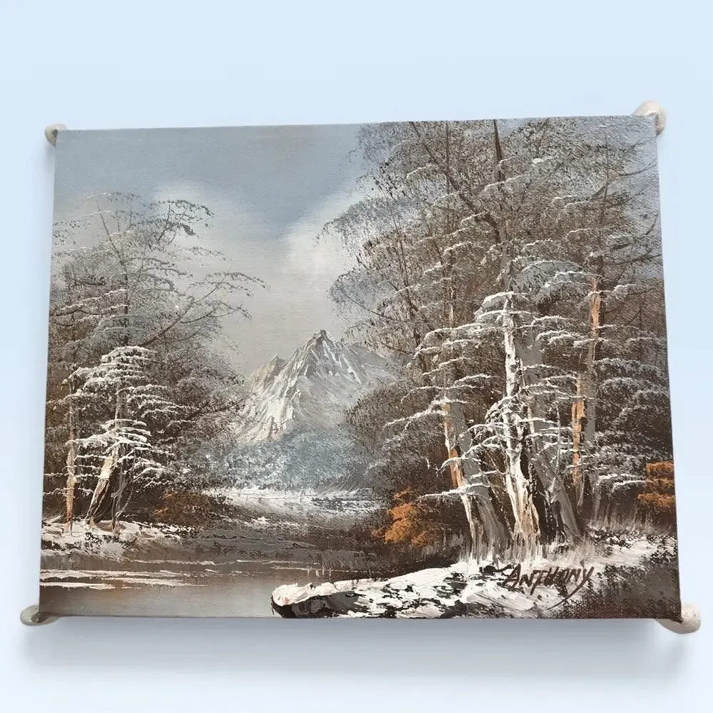 Hand Painted Painting Winter Mountain Snow Landscape Signed Impasto Blue White